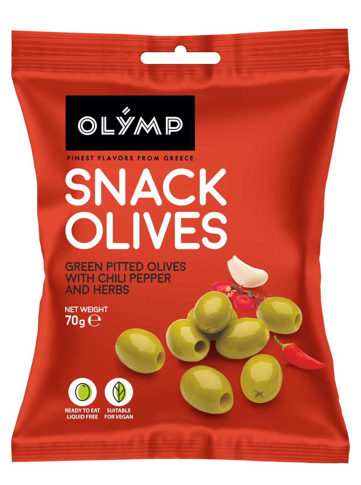 Olymp Snack olives 70g - Green pitted olives with chili pepper and herbs