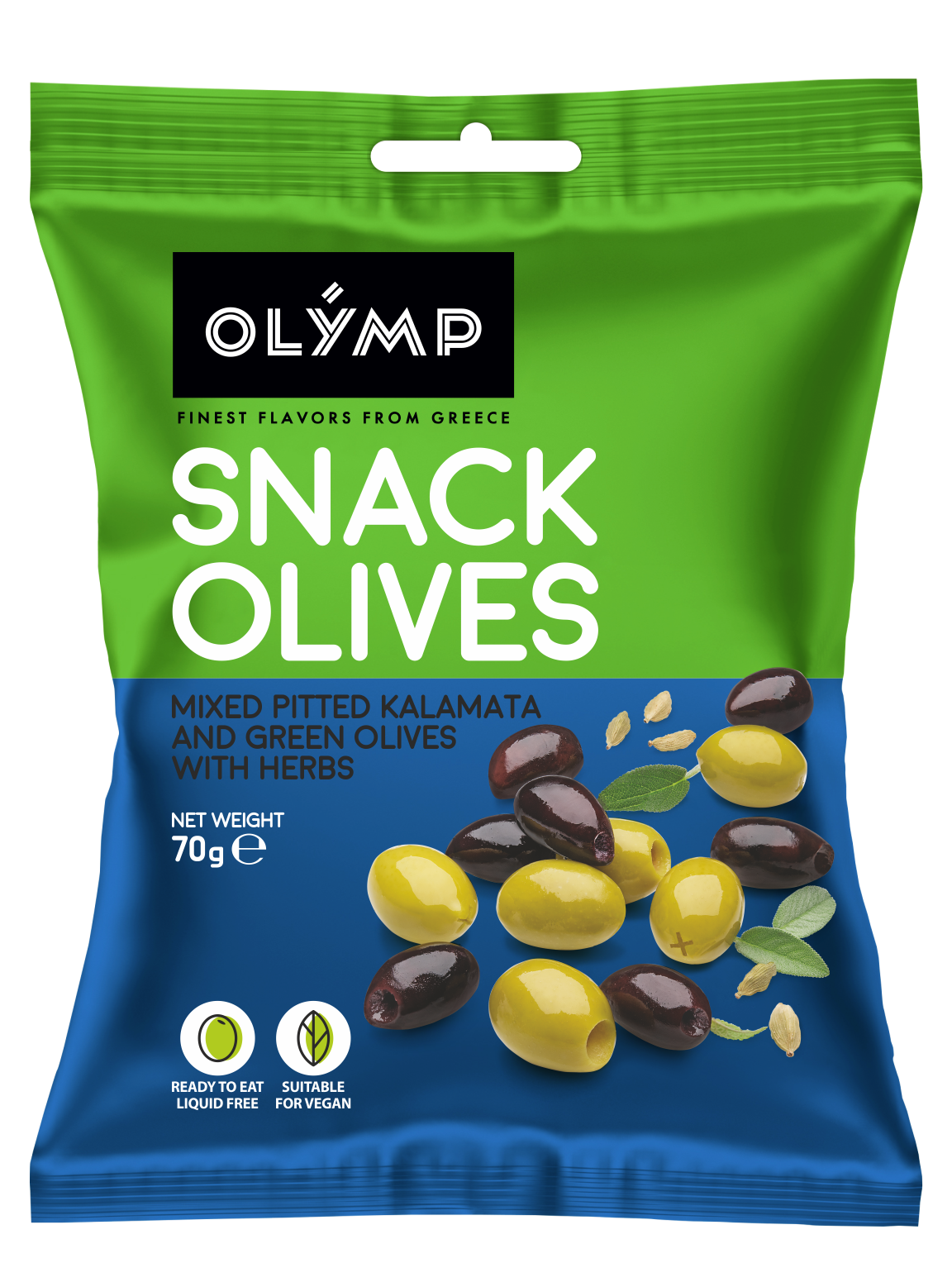 Olymp Snack olives 70g - Mixed pitted kalamata and green olives with herbs