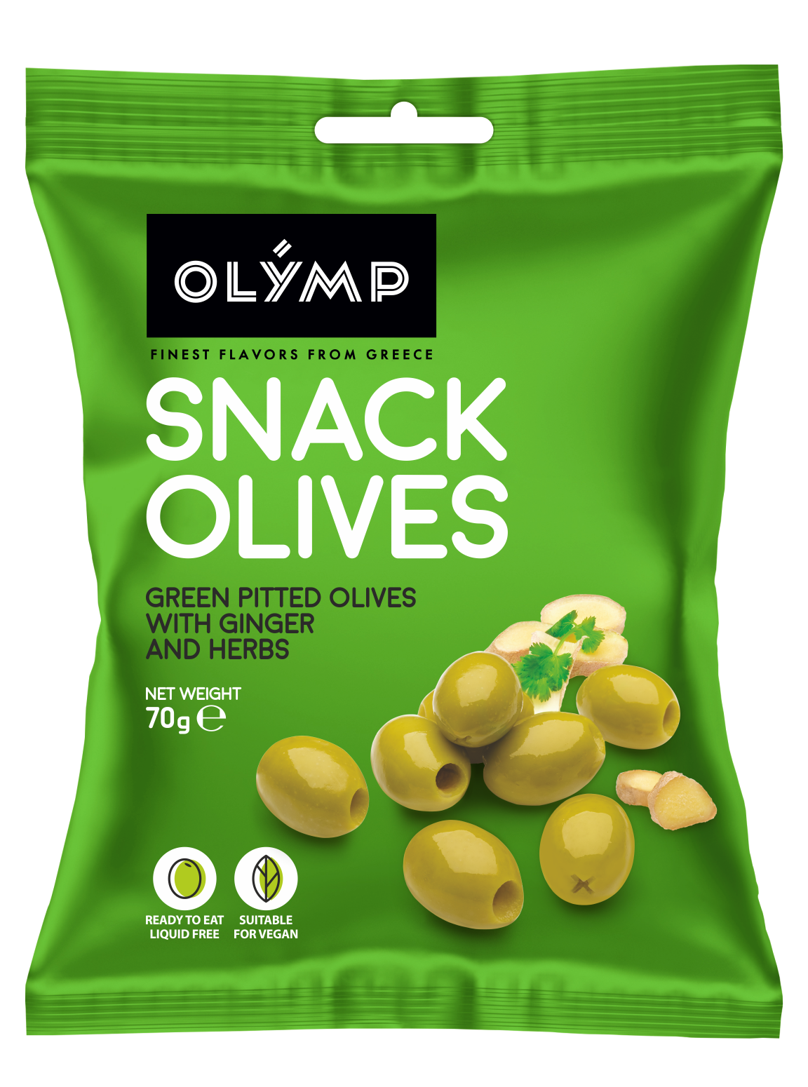 Olymp Snack olives-70g - Green pitted olives with ginger and herbs