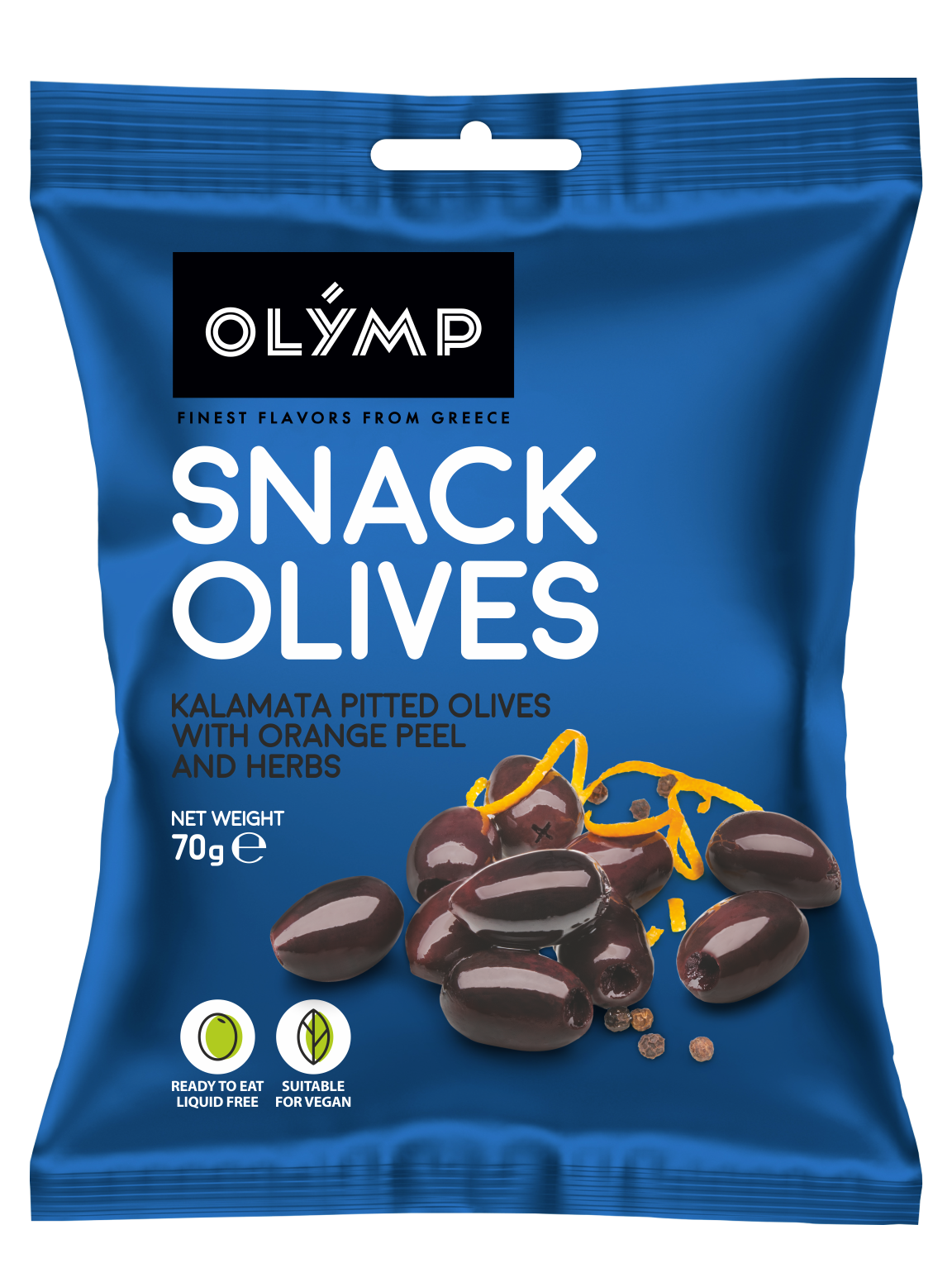 Olymp-Snack-olives 70g - Kalamata pitted olives with orange peel and herbs