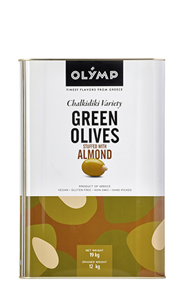 Olymp Green olives stuffed with almond in brine 19lt