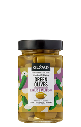 Olymp Green olives double stuffed with garlic and jalapeño 320ml